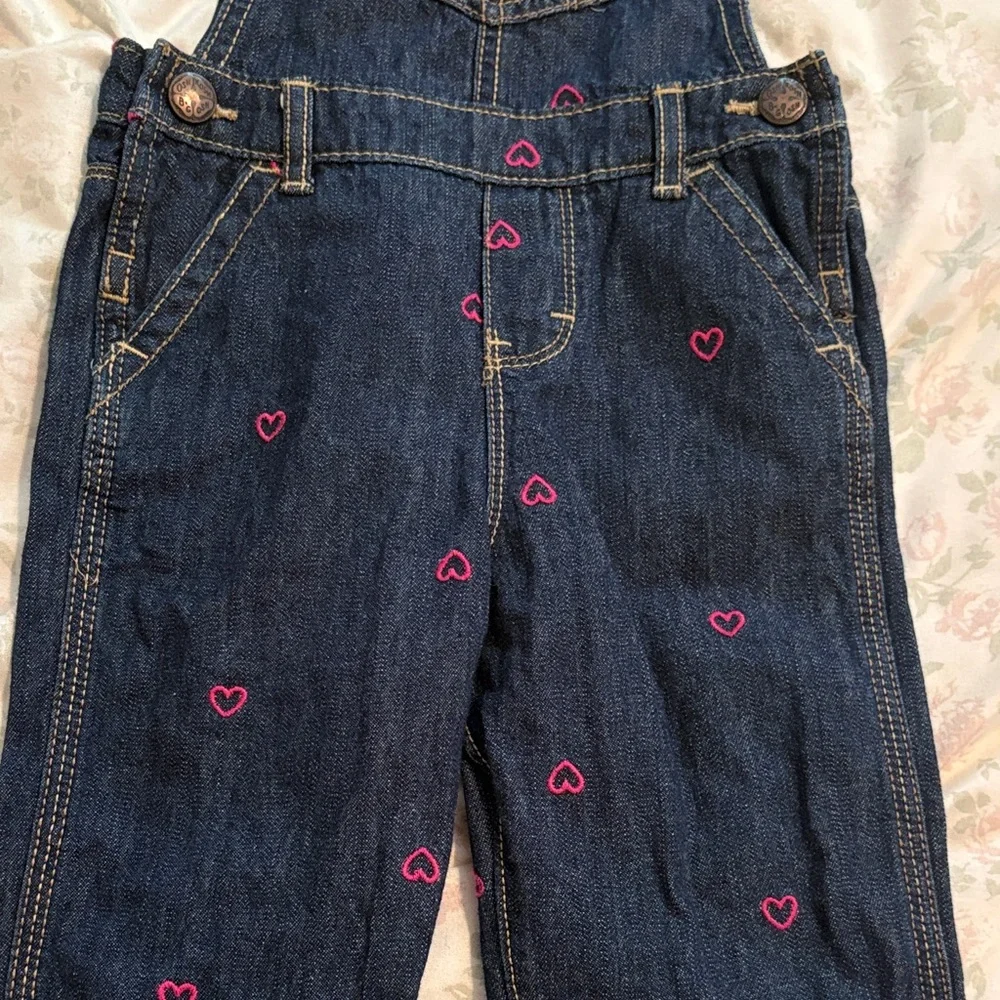 OshKosh B'gosh Dark Blue Denim Overalls with Pink Heart Accents